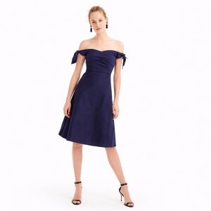 J.Crew Navy Off Shoulder Bow Tie Strap Fit & Flare Dress 6 Cotton Silk Blend